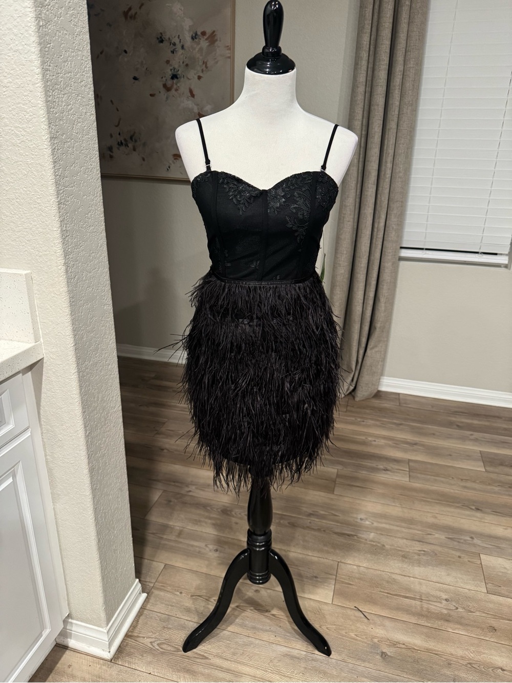 New WINDSOR size SMALL Black Feather-Trim Spaghetti Strap Dress